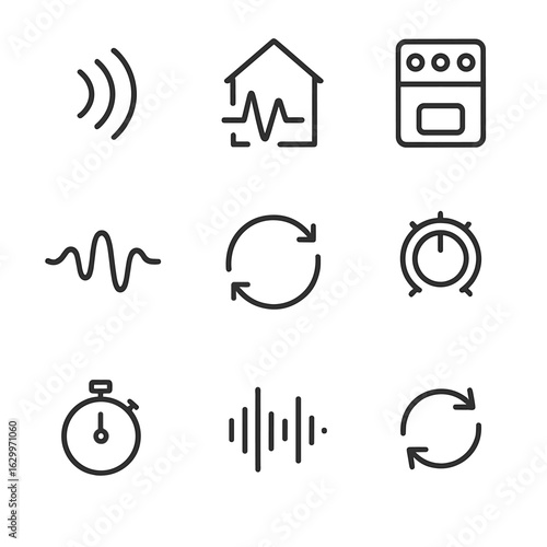 Audio Delay Icon Set. Outline icon set of audio delay effects: echo, reverb, delay pedal, sound wave, feedback loop, mixer knob,