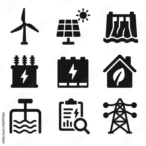 Alternative Energy Icons. Solid, filled icons set of alternative energy sources: windmill, solar cells,