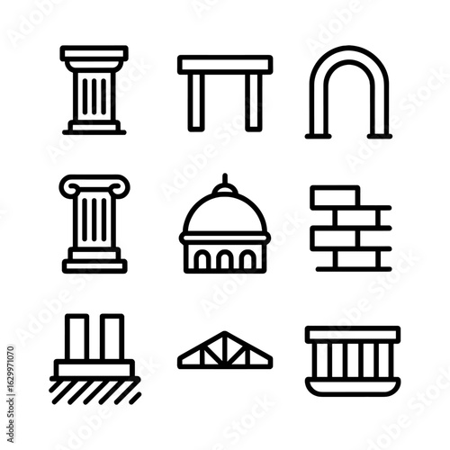 Architectural Icon Set. Outline icon set of rigid architectural elements: pillar, beam, arch, column, dome, wall, foundation,