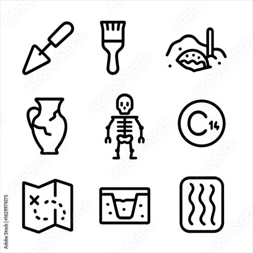 Archaeology Icons Grid. Outline icon set of archaeological remains: trowel, brush, excavation site, artifact, skeleton, carbon