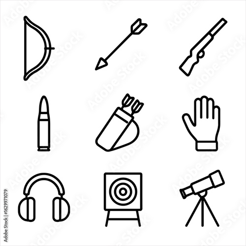 Archery and Shooting Icons. Outline icon set of archery and shooting gear: bow, arrow, rifle, bullet, quiver, shooting glove,