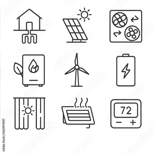 Alternative Energy Icons. Outline icon set of alternative heating and cooling: geothermal system, solar