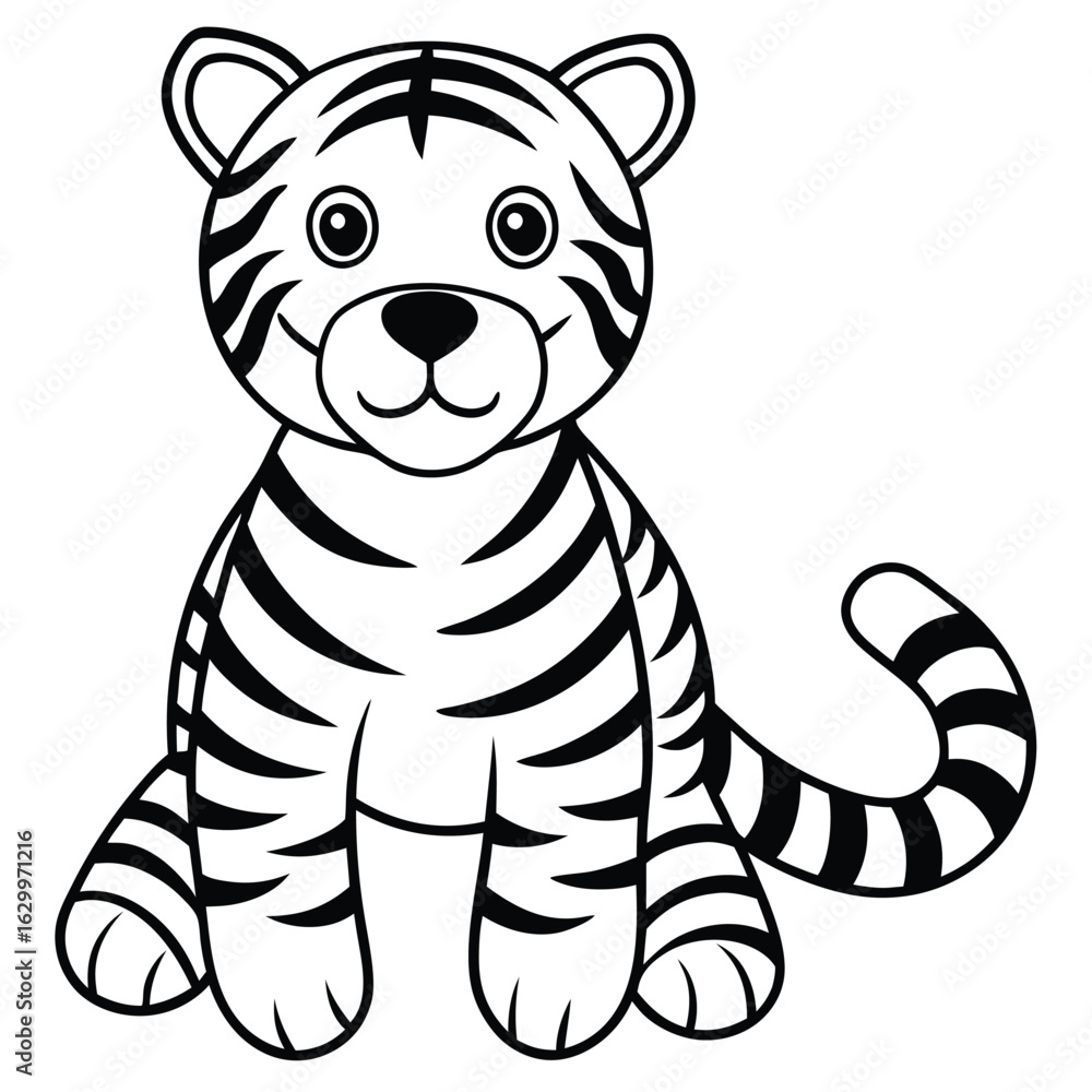 Fototapeta premium Cartoon tiger isolated on white background, standing and looking ahead