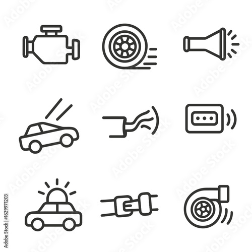 Automotive Sound Icons. Outline icon set of automotive sounds: car engine, tire squeal, horn beep, windshield wiper, exhaust noise