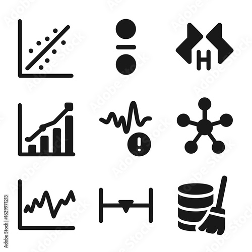 Analysis Techniques Icons. Solid, filled icons set of analysis techniques: regression line, correlation