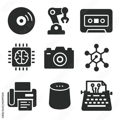 Analog Meets AI Icons. Solid, filled icons set of analog meets AI: vinyl record, robot arm, cassette tape,