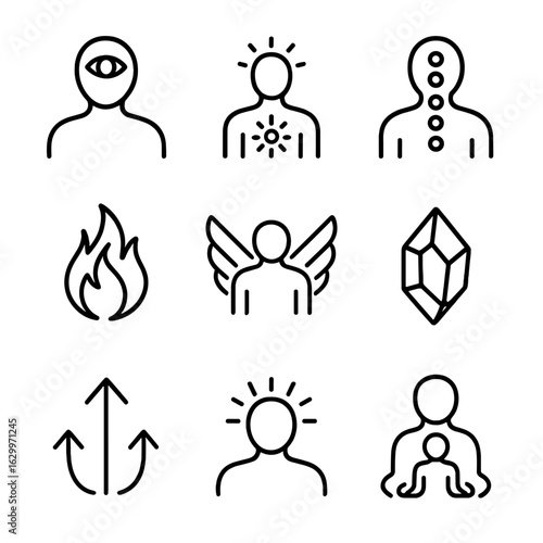 Awakened Spirit Icons. Outline icon set of awakened spirit: third eye, glowing chest, aligned chakras, inner fire, spirit wings,