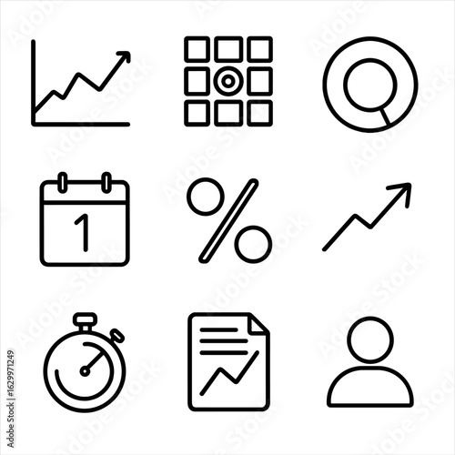 Analytics Icon Grid. Outline icon set of content performance analytics: line graph, heat map, engagement ring,