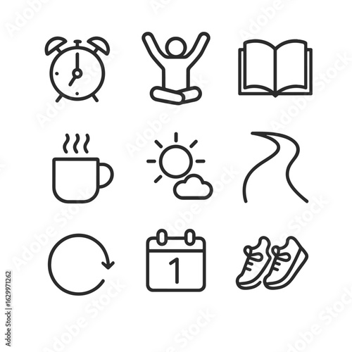Awakening Moments Icons. Outline icon set of awakening moments: alarm clock, stretching person, open book, morning coffee, clear