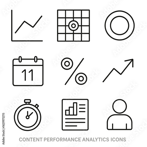 Analytics Icon Grid. Outline icon set of content performance analytics: line graph, heat map, engagement ring,