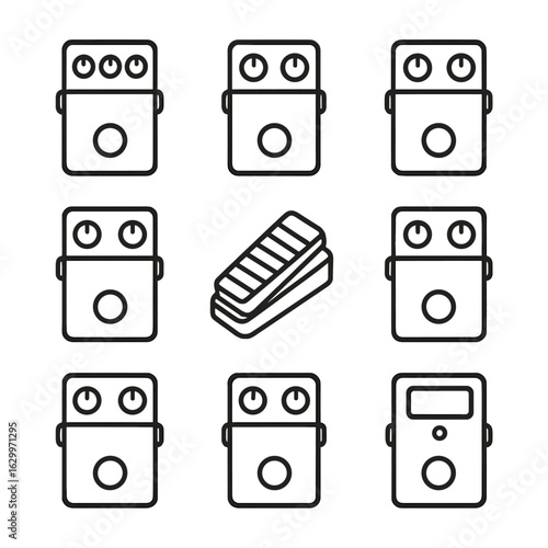 Audio Pedals Icon Set. Outline icon set of audio effects pedals: reverb pedal, delay pedal, distortion pedal, chorus pedal, wah