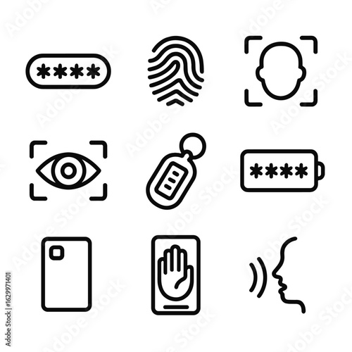 Authentication Icon Set. Outline icon set of authentication methods: password, fingerprint, facial recognition, retina scan,