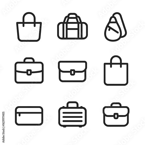 Bag Icons Collection. Outline icon set of carry tools: tote bag, duffel bag, sling bag, briefcase, courier bag, shopping bag,
