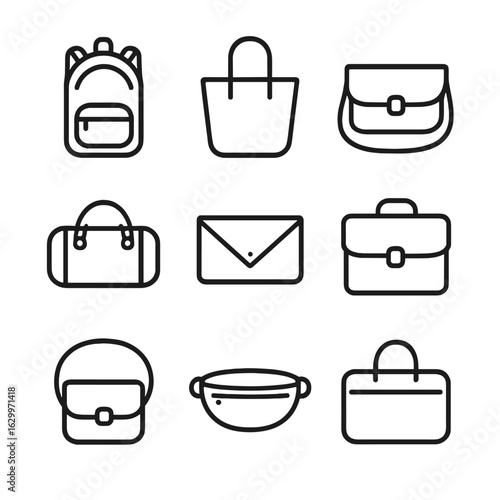 Bag Icon Collection. Outline icon set of bag types: backpack, tote bag, messenger bag, duffel bag, clutch, briefcase, crossbody