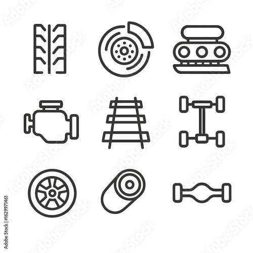 Automotive Groove Icons. Outline icon set of groove in automotive and transport: tire groove, brake disc groove, track groove,