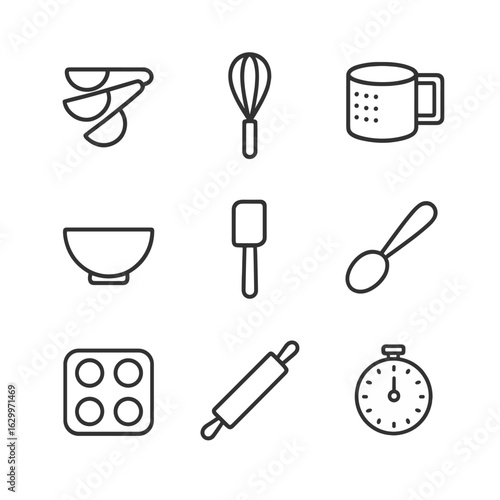 Baking Tools Icons. Outline icon set of baking tools including tablespoon: measuring cups, whisk, flour sifter, mixing bowl,