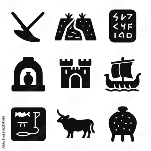 Ancient Technology Icons. Solid, filled icons set of Mesopotamian and Indus Valley ancient technology: bronze