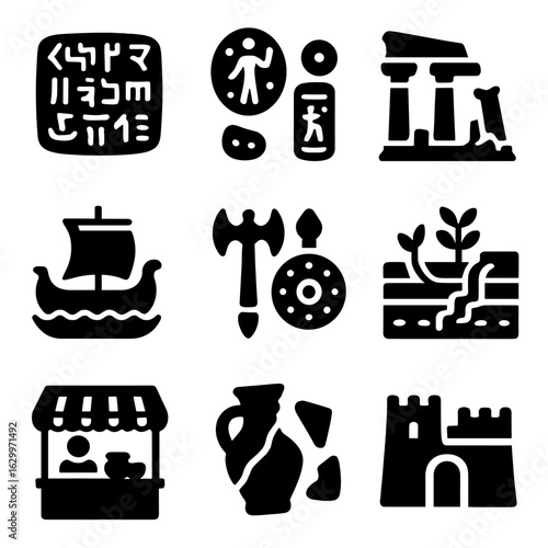 Ancient Treasures Icons. Solid, filled icons set of archaeological treasures of first civilizations: cuneiform