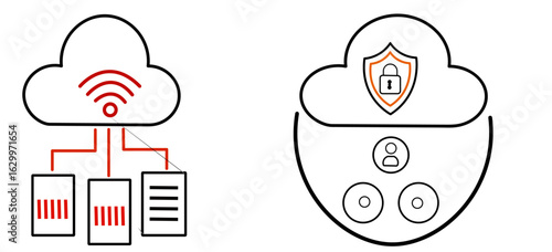 Cloud Technology Concepts: Conceptual illustration of data and network security in a cloud computing environment. Data protection, connectivity, and digital safety.