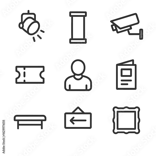 Art Gallery Icon Set. Outline icon set of art gallery elements: spotlight, pedestal, security camera, ticket, visitor, brochure,