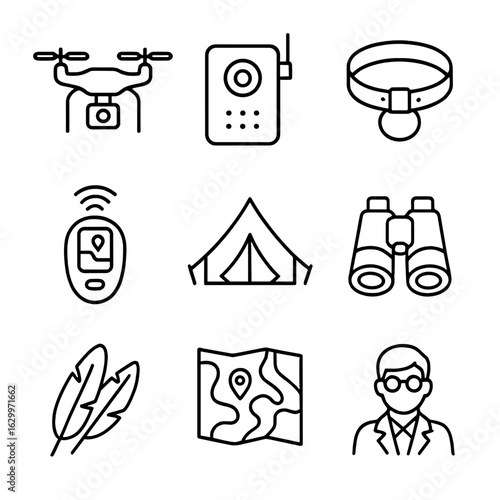 Animal Monitoring Icons. Outline icon set of animal monitoring: drone, camera trap, animal collar, GPS tracker