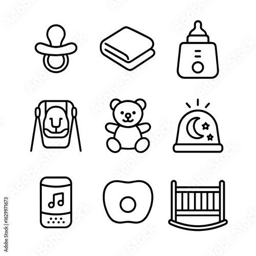 Baby Comfort Icon Set. Outline icon set of baby comfort: pacifier, soft blanket, bottle warmer, baby swing, stuffed animal,