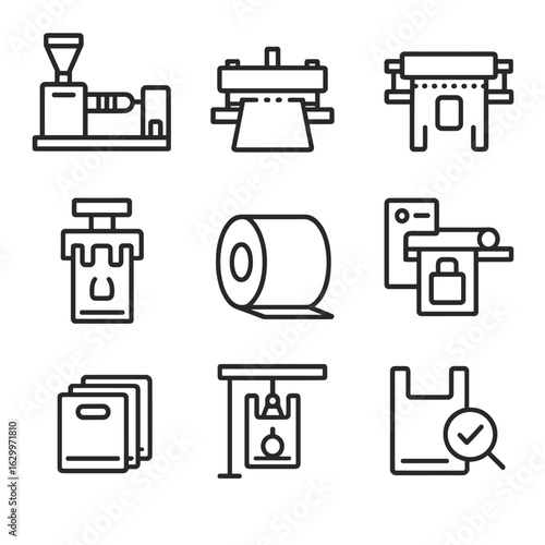Bag Manufacturing Icons. Outline icon set of bag manufacturing: extrusion machine, bag cutting, sealing process, roll of plastic