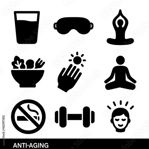 Anti-Aging Lifestyle Icons. Solid, filled icons set of anti-aging lifestyle factors: water glass, sleep mask,
