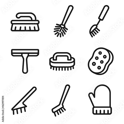 Bathroom Cleaning Icons. Outline icon set of bathroom cleaning tools: scrub brush, toilet brush, grout brush, squeegee, tile