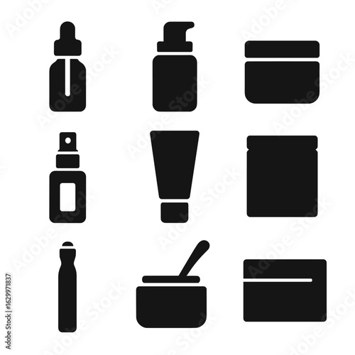 Anti-aging Skincare Icons. Solid, filled icons set of anti-aging skincare packaging: dropper bottle, airless
