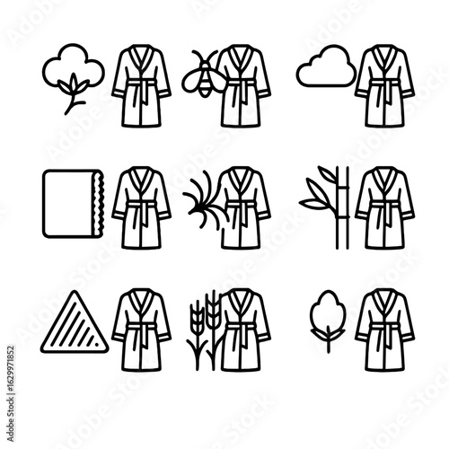 Bathrobe Material Icons. Outline icon set of bathrobe materials: cotton, silk, fleece, terry cloth, microfiber, bamboo fiber,