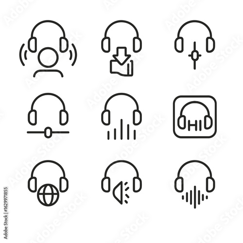 Audio Feature Icons. Outline icon set of headphone audio features: surround sound, bass boost, treble adjustment, stereo balance,