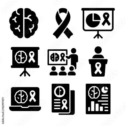 Anxiety Awareness Icons. Solid, filled icons set of anxiety awareness and education: brain icon, awareness