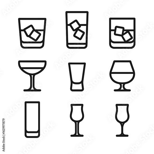 Bar Glassware Icons. Outline icon set of bar glassware: whiskey tumbler, highball glass, old fashioned glass, rocks glass, coupe