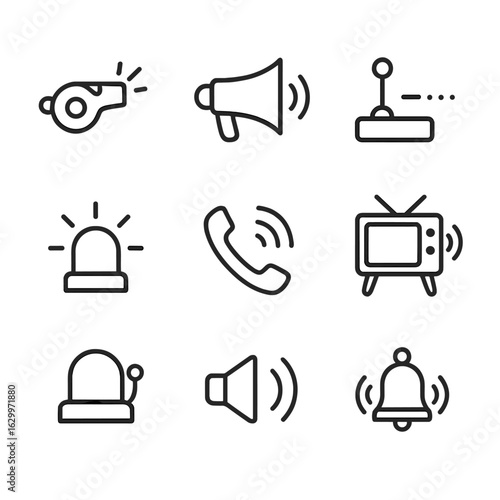 Audio SOS Signal Icons. Outline icon set of audio SOS signals: whistle blast, horn blast, Morse code beeps, radio distress tone,
