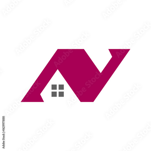 Modern minimalist house logo with letter N design in bold magenta, symbolizing real estate, home building, and architectural creativity.