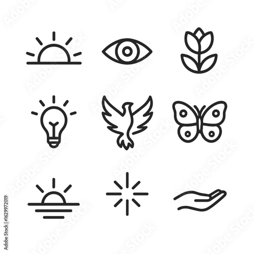 Awakening Symbols Icons. Outline icon set of awakening symbols: sunrise, open eye, blooming flower, light bulb, rising phoenix,