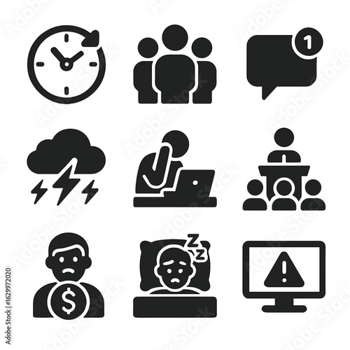 Anxiety Trigger Icons. Solid, filled icons set of anxiety triggers: clock showing deadline, crowded place,