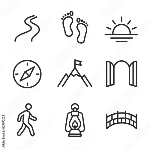 Awakening Journey Icons. Outline icon set of awakening journey: path winding, footprints, sunrise, compass, mountain peak, open