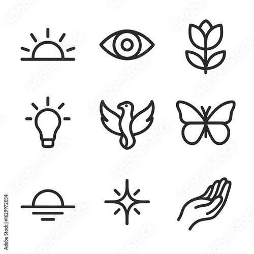 Awakening Symbols Icons. Outline icon set of awakening symbols: sunrise, open eye, blooming flower, light bulb, rising phoenix,