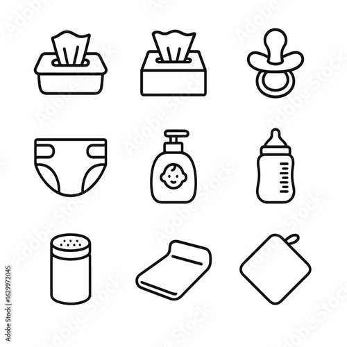 Baby and Beauty Icons. Outline icon set of baby care essentials: baby wipes, tissue box, pacifier, diaper, baby lotion, baby