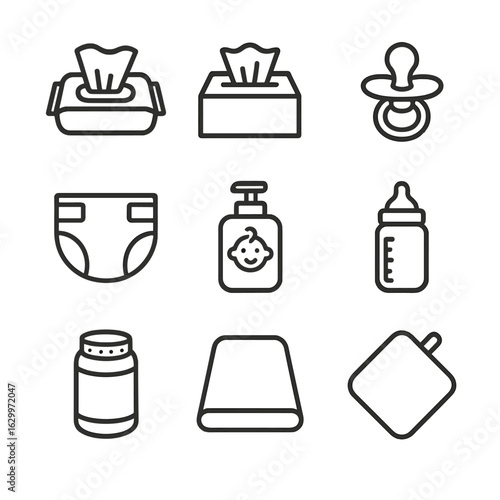 Baby and Beauty Icons. Outline icon set of baby care essentials: baby wipes, tissue box, pacifier, diaper, baby lotion, baby