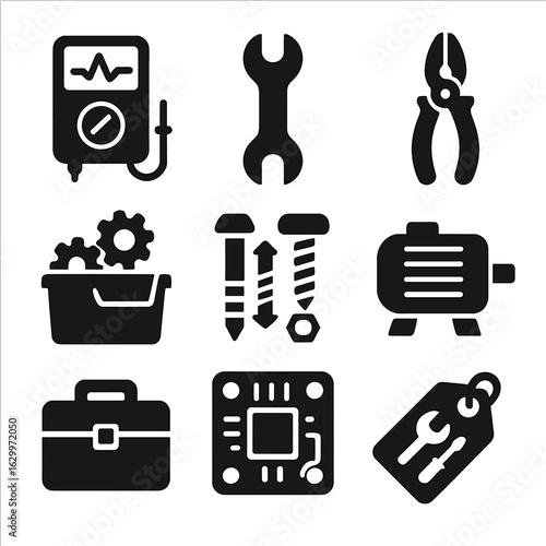 Appliance Repair Icons. Solid, filled icons set of appliance repair tools: multimeter, spanner, pliers, parts