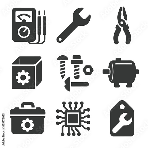 Appliance Repair Icons. Solid, filled icons set of appliance repair tools: multimeter, spanner, pliers, parts
