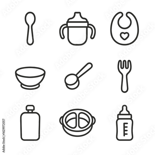Baby Feeding Icons. Outline icon set of baby feeding tools: baby teaspoon, sippy cup, bib, baby bowl, formula scoop, baby fork,