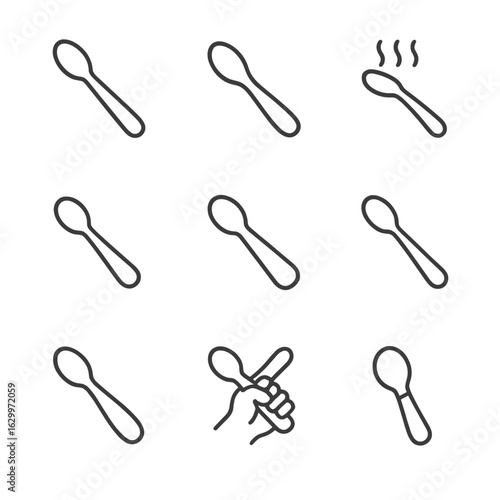 Baby Spoon Icon Set. Outline icon set of baby feeding spoons: soft tip spoon, curved spoon, heat sensitive spoon, tiny bowl spoon,