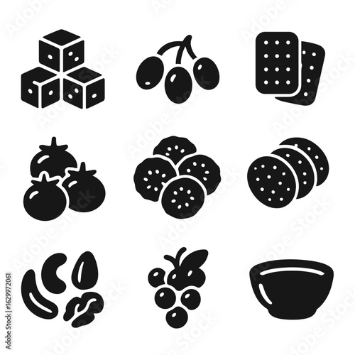 Appetizer Plate Icons. Solid, filled icons set of appetizer plate: cheese cubes, olives, crackers, cherry