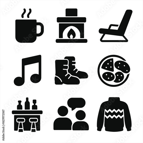 Après-Ski Icons. Solid, filled icons set of après-ski activities: hot cocoa, fireplace, lounge chair, music,
