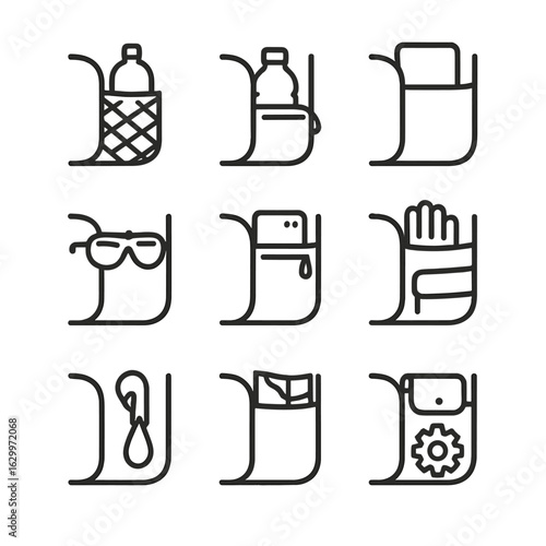 Backpack Icon Set. Outline icon set of backpack side pockets: elastic mesh, zip bottle slot, tech sleeve, sunglasses holder, power