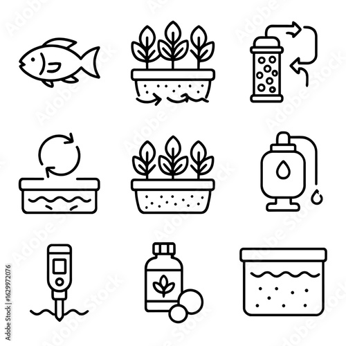 Aquaponic Icon Set. Outline icon set of aquaponic ecosystem: fish, plants, water circulation, biofilter, grow
